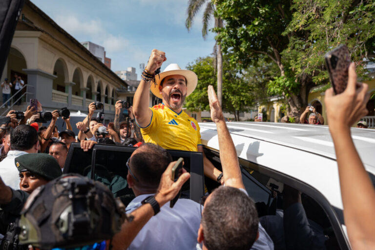 Abelardo de la Espriella celebrates after casting his vote during the Colombian presidential runoff on June 21 in Barranquilla. Credit: Leonardo Castañeda/Getty Images
