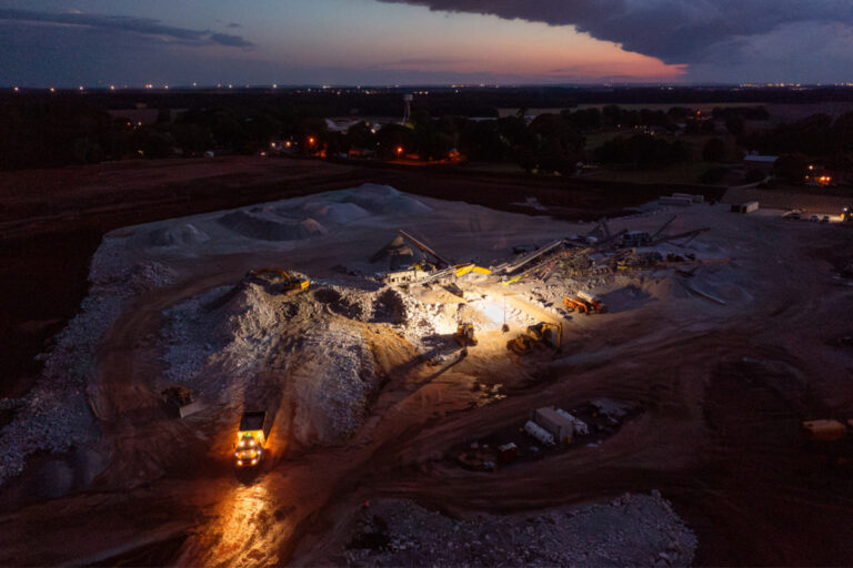 An aerial view of night operations at a limestone quarry in Belle Mina, Ala. The quarry operators agreed to mitigate dust, noise and light pollution in a settlement agreement with nearby residents. Credit: Southern Environmental Law Center