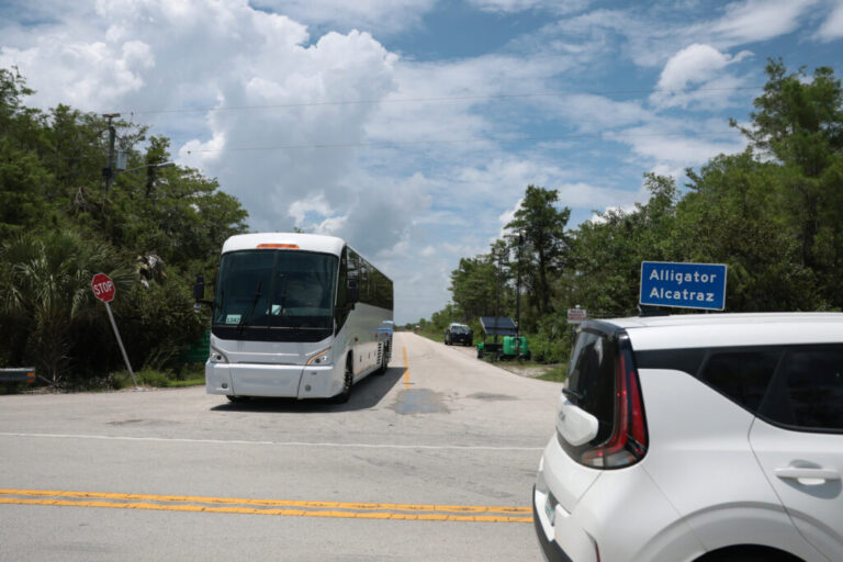 A bus pulls out from the entrance of Alligator Alcatraz in the Florida Everglades on June 1. Credit: Joe Raedle/Getty Images